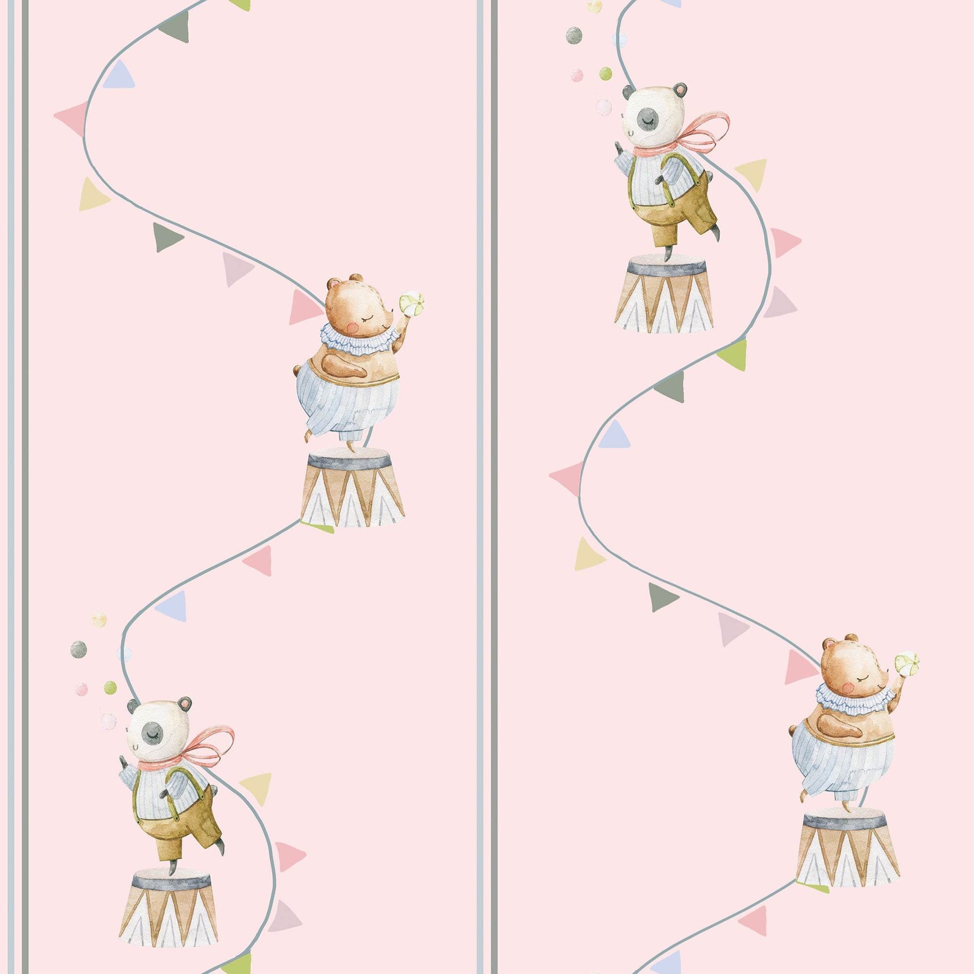 Nursery Wallpaper Bears Cute Pandas, Flying Flags, Balls in Pastels pale pink 