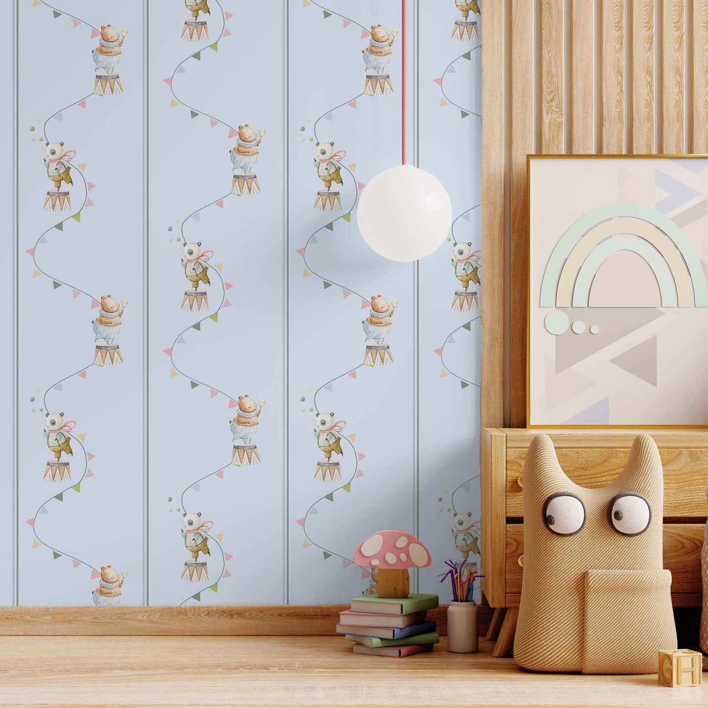 Nursery Wallpaper Bears Cute Pandas, Flying Flags, Balls in Pastels Room Idea 
