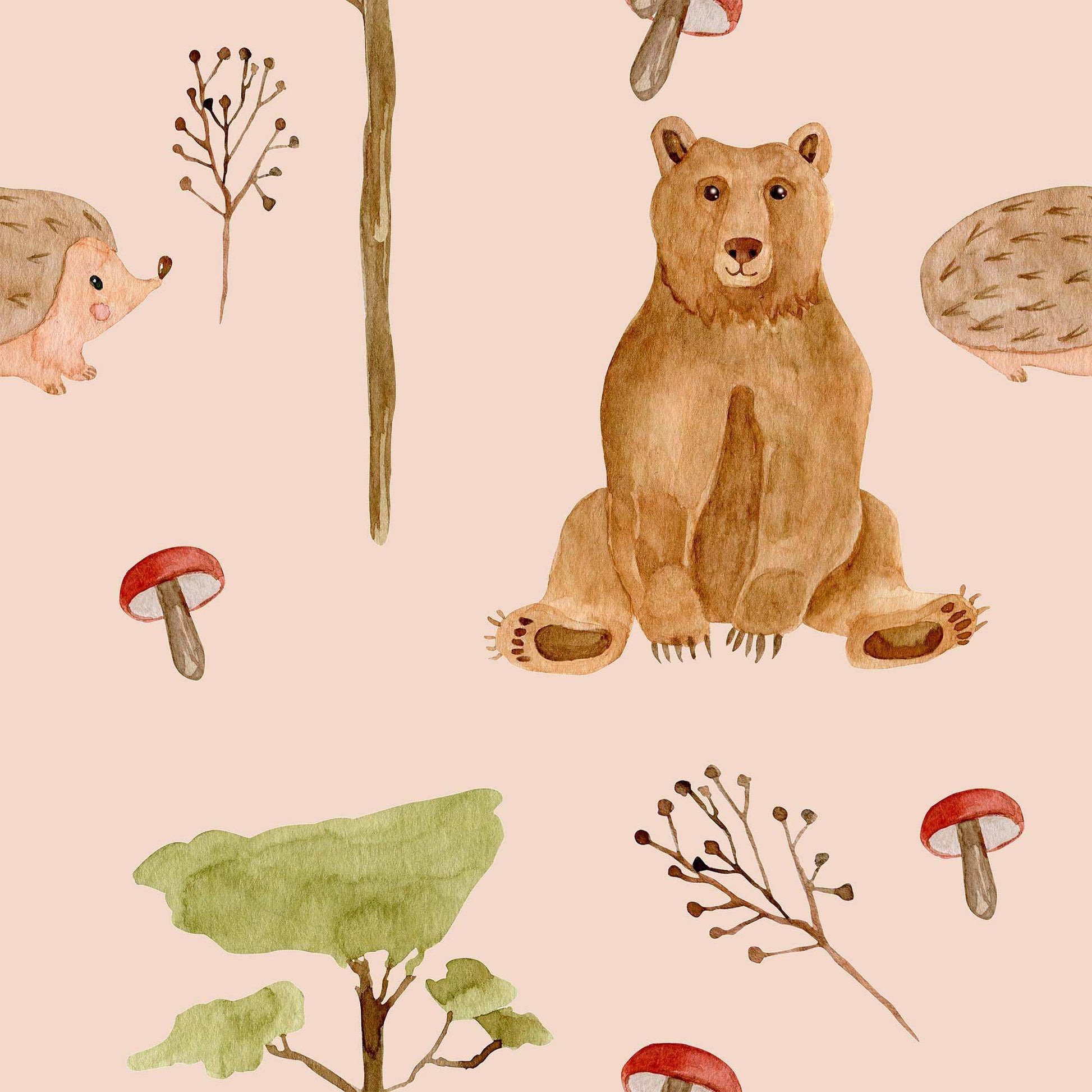 Pale apricot Childrens bedroom wallpaper with bears and hedgehogs 