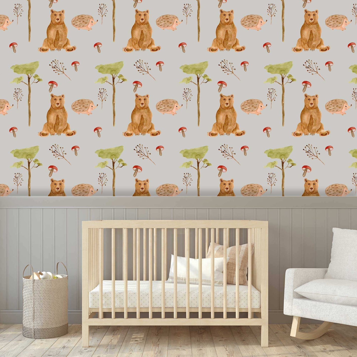 Pale grey Childrens bedroom wallpaper with bears and hedgehogs in a nursery 