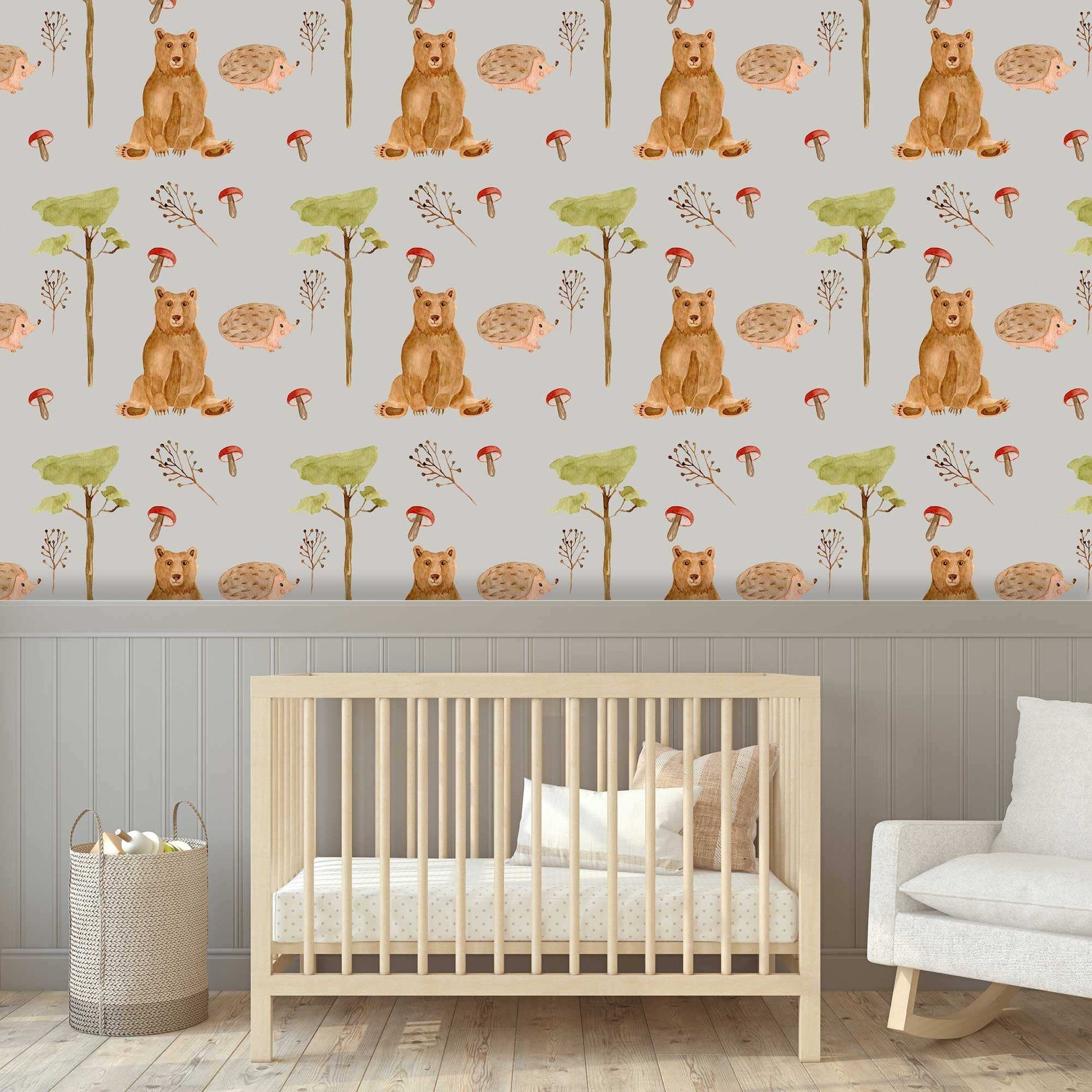 Pale grey Childrens bedroom wallpaper with bears and hedgehogs in a nursery 