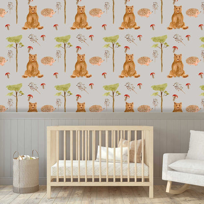 Pale grey Childrens bedroom wallpaper with bears and hedgehogs in a nursery 