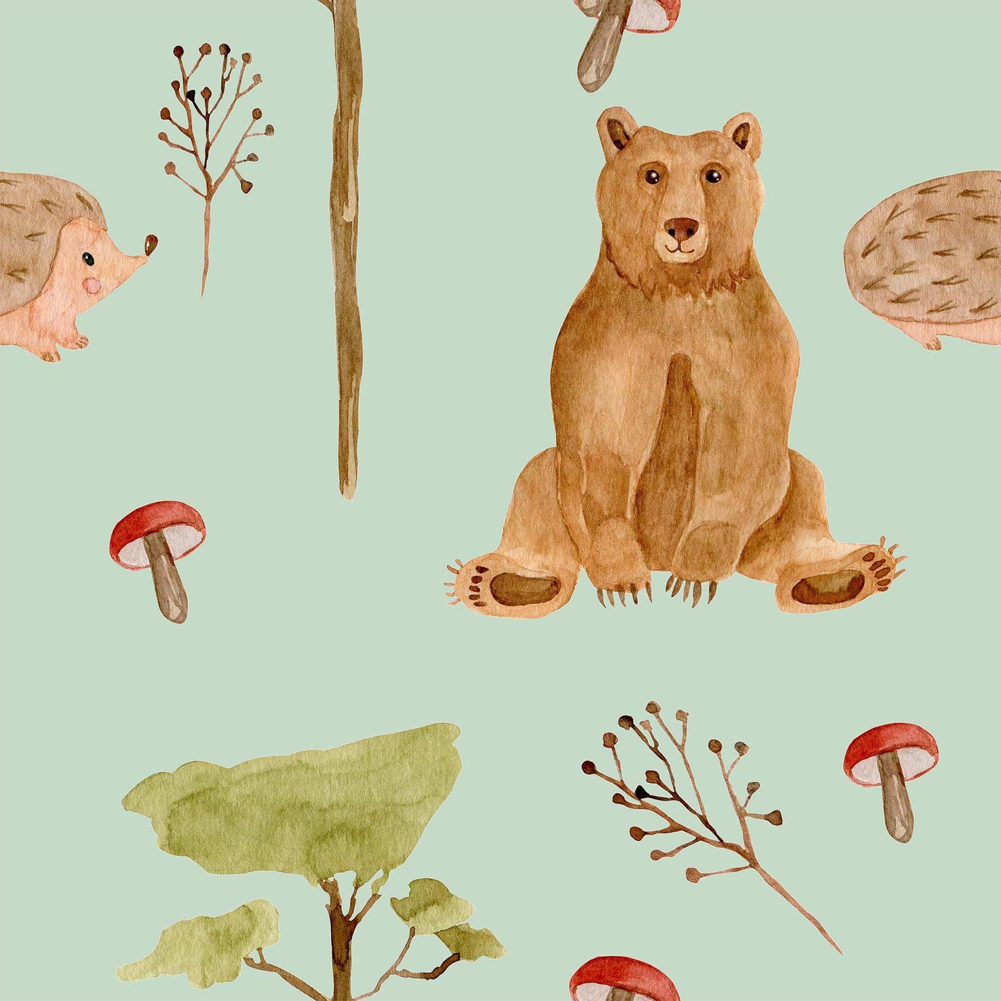 Green Childrens bedroom wallpaper with bears and hedgehogs 