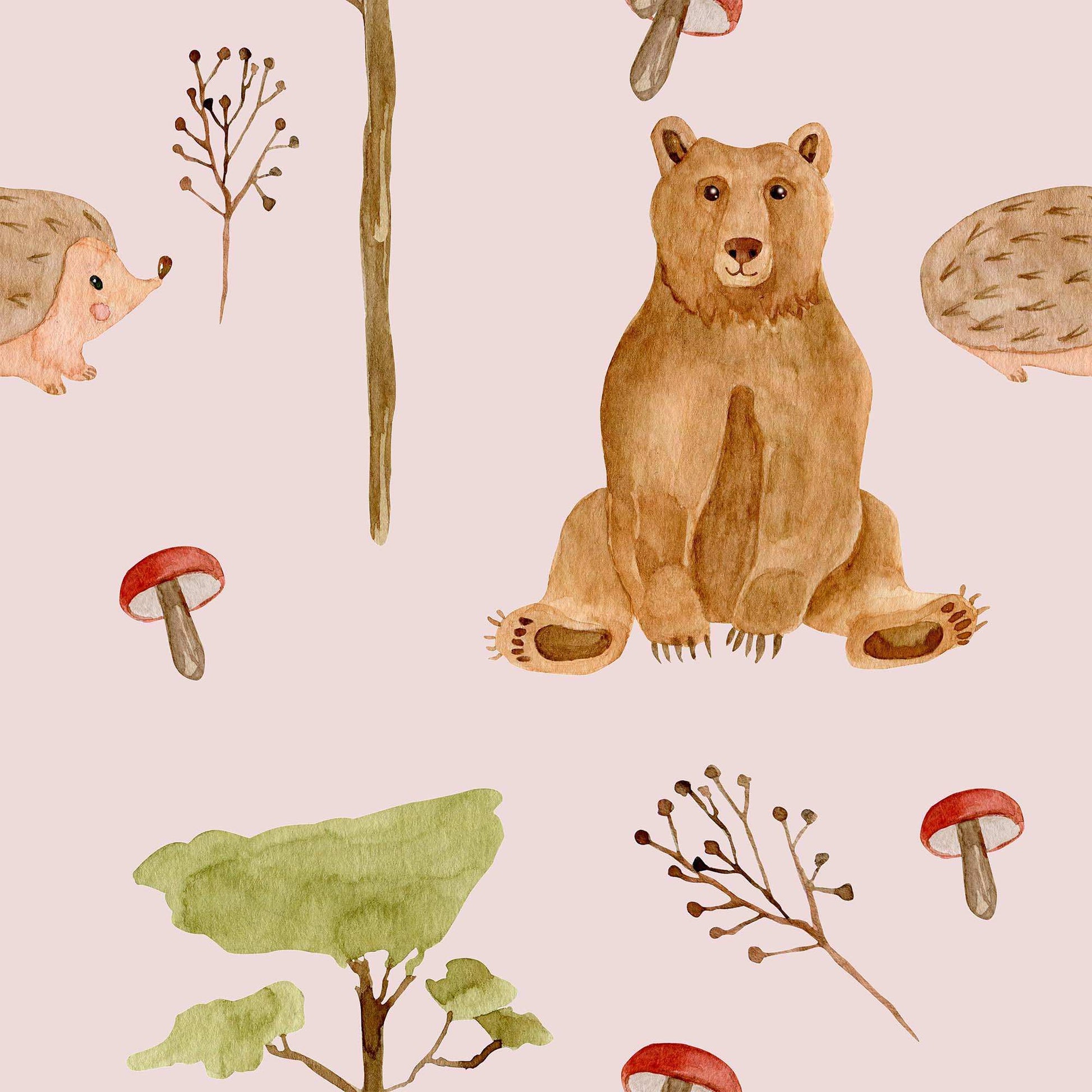 Pale pink Childrens bedroom wallpaper with bears and hedgehogs 