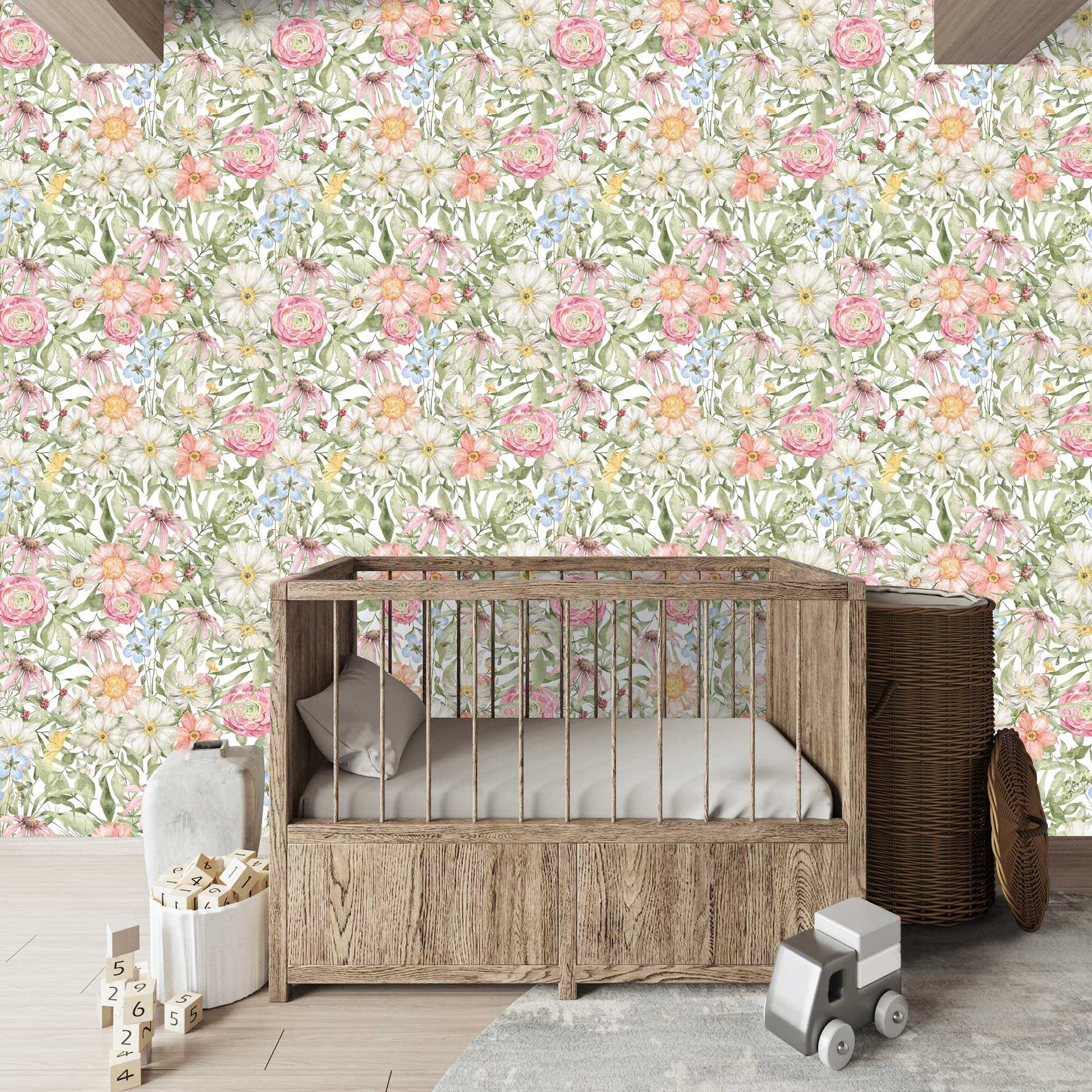 Bedroom ideas Flower Wallpaper - Country Flowers in  Pinks, Blue Creams and Yellows.