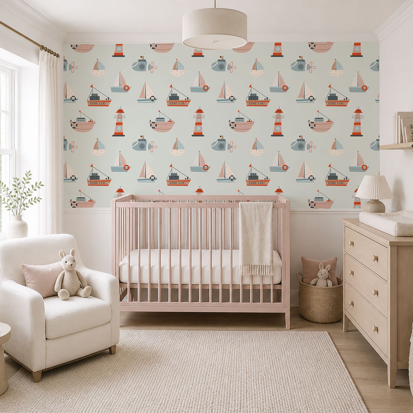 Personalised Nursery Wallpaper - Boats Submarines and Lighthouses