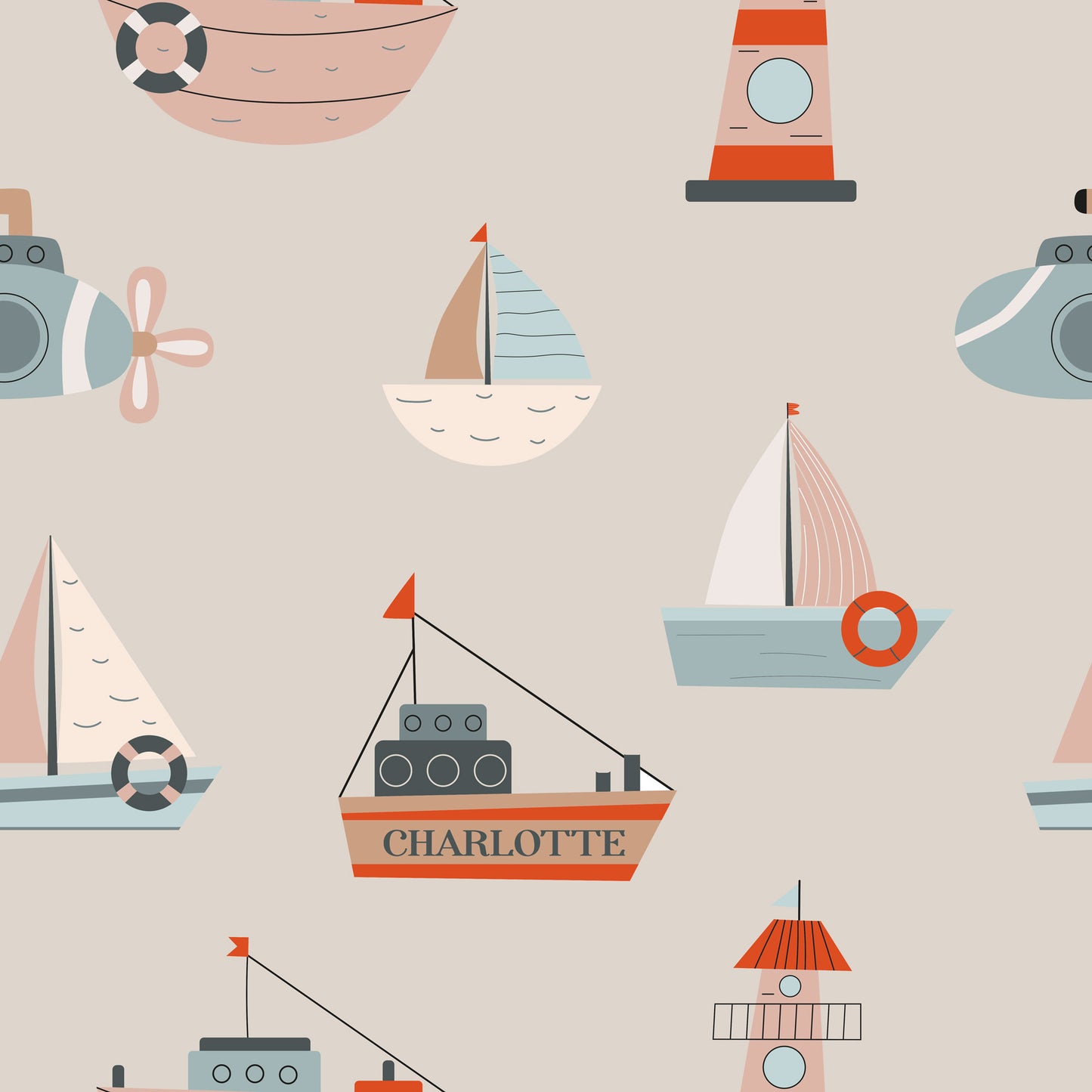 Personalised Nursery Wallpaper - Boats Submarines and Lighthouses