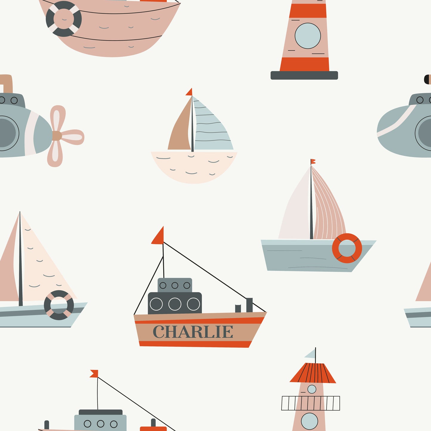 Personalised Nursery Wallpaper - Boats Submarines and Lighthouses