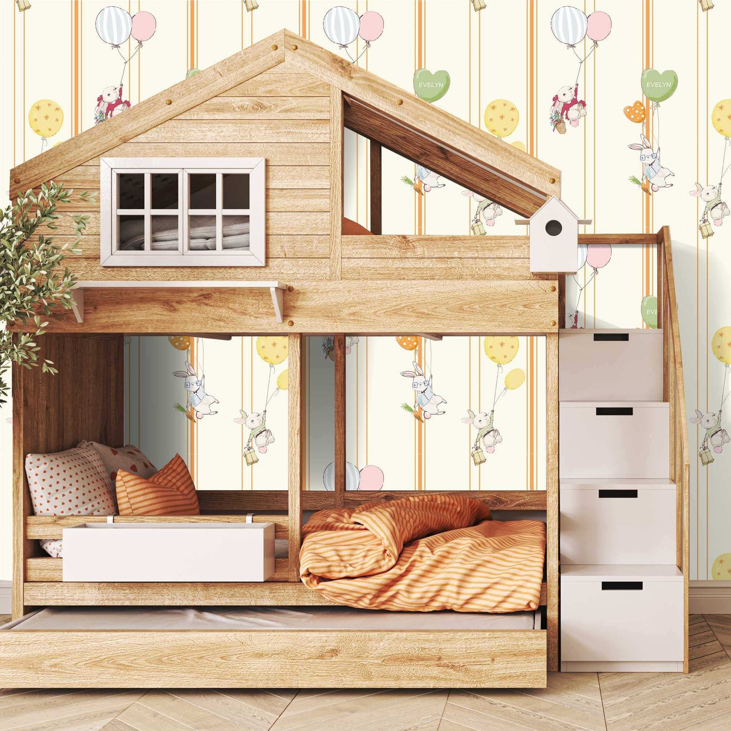 Design Idea Kids Bedroom Wallpaper Cute Baby Bunnies Balloons Flowers Candy Pinstripes in Orange Peach colour 