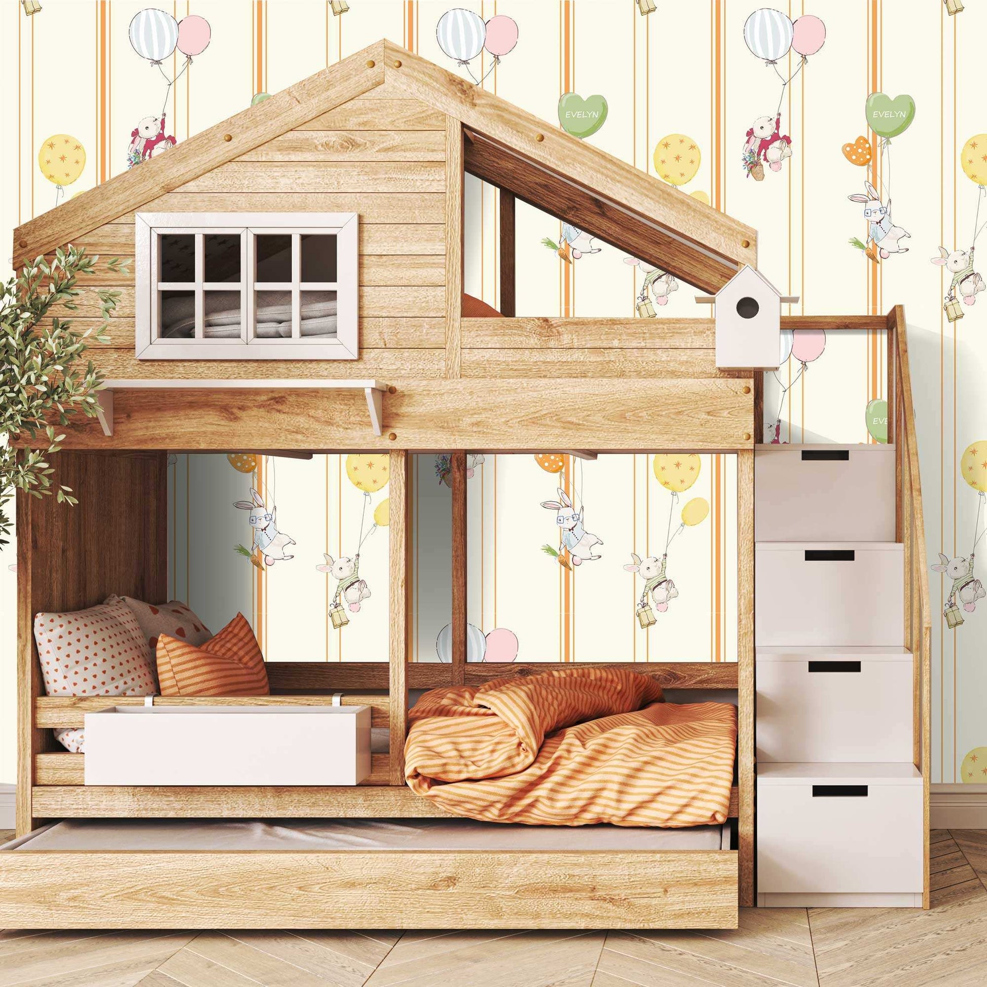 Design Idea Kids Bedroom Wallpaper Cute Baby Bunnies Balloons Flowers Candy Pinstripes in Orange Peach colour 