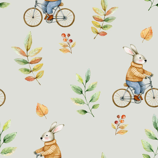 Childrens Bedroom Wallpaper Cute Bunnies riding on old fashioned Bikes in Pale Grey 