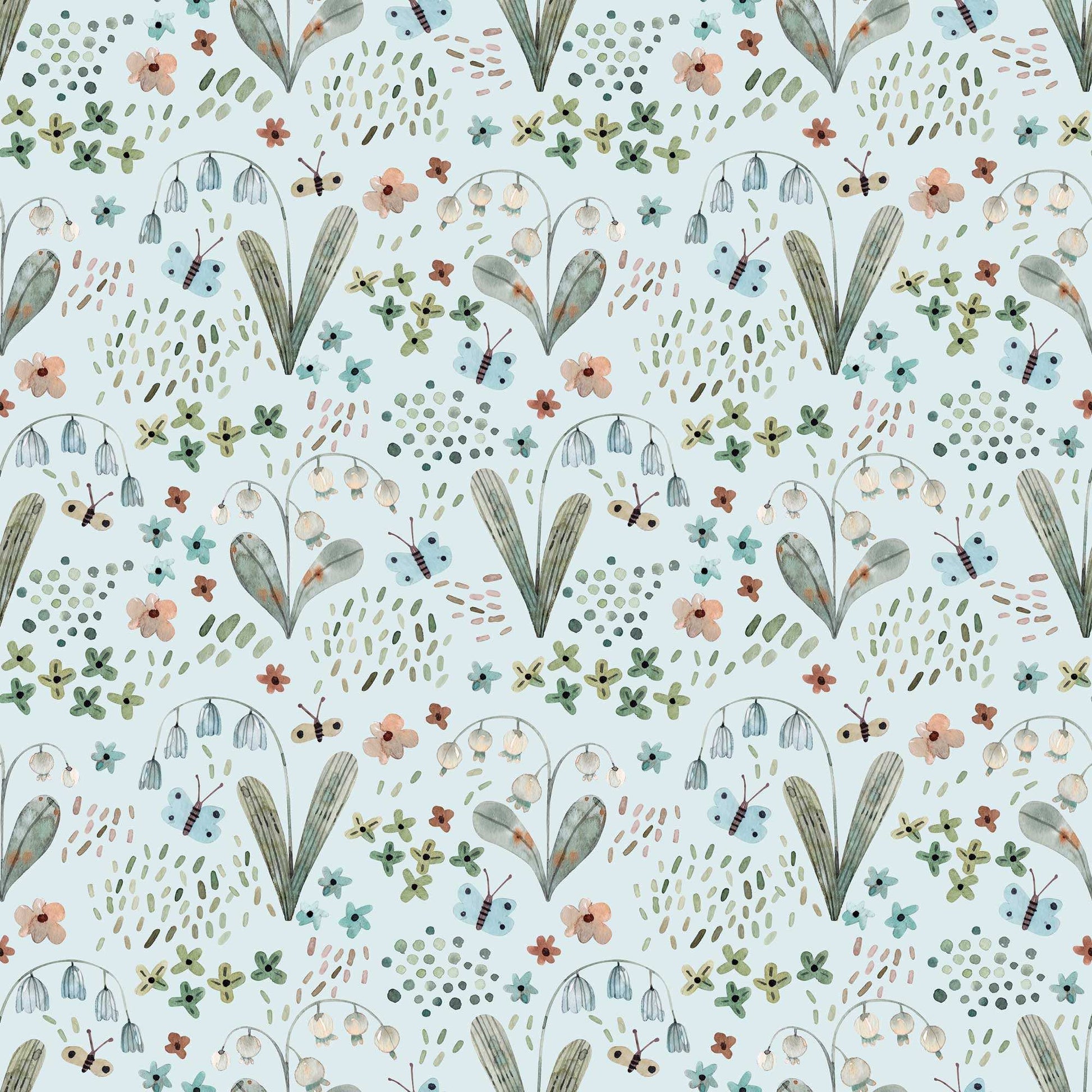 Nursery Wallpaper adorned with Tiny Butterflies Snowdrops, Bluebells with pale blue background 