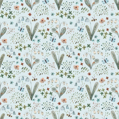 Nursery Wallpaper adorned with Tiny Butterflies Snowdrops, Bluebells with pale blue background 