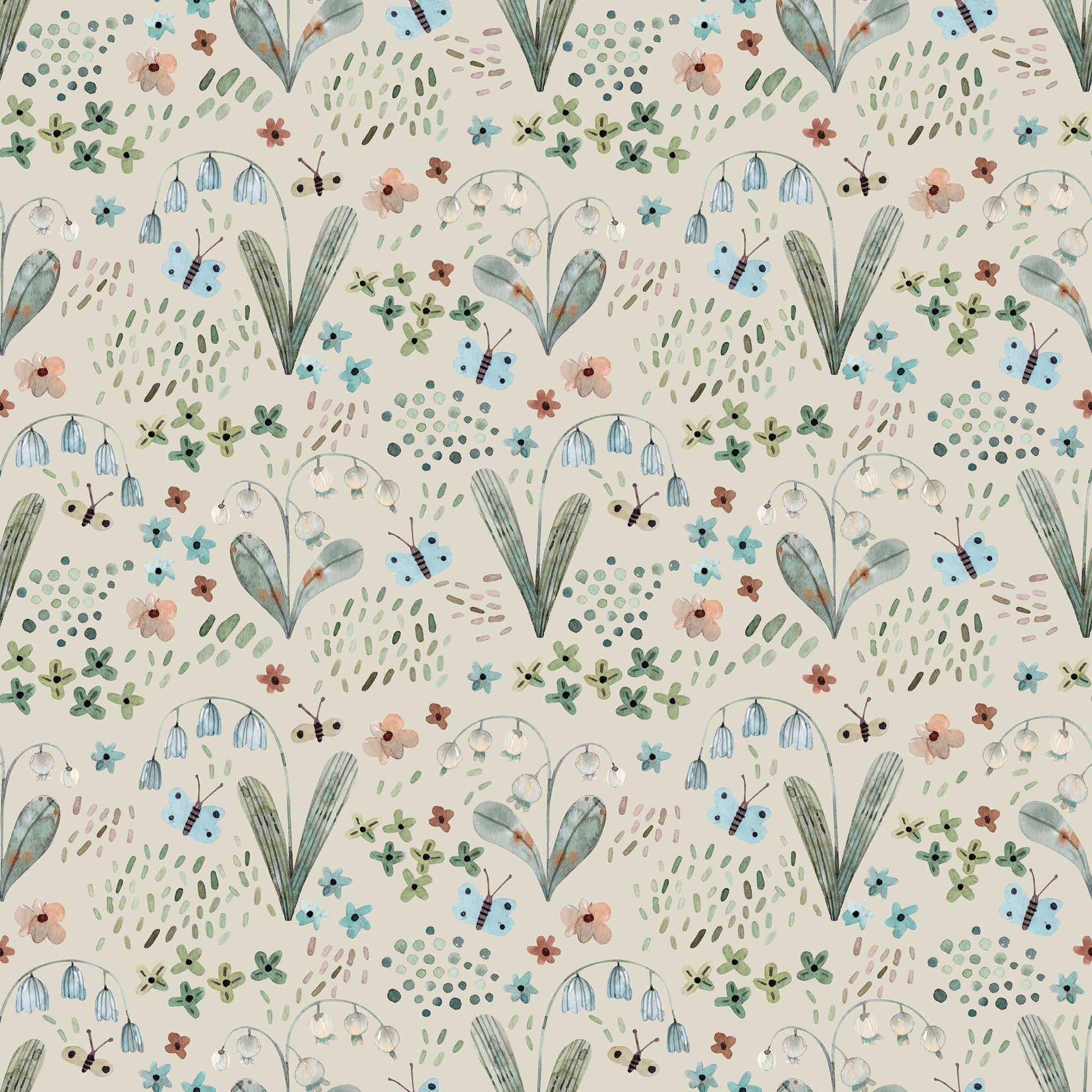 Nursery Wallpaper adorned with Tiny Butterflies Snowdrops, Bluebells with pale stone background 