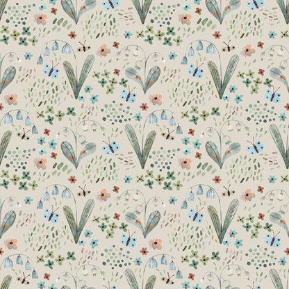 Nursery Wallpaper adorned with Tiny Butterflies Snowdrops, Bluebells with pale stone background 