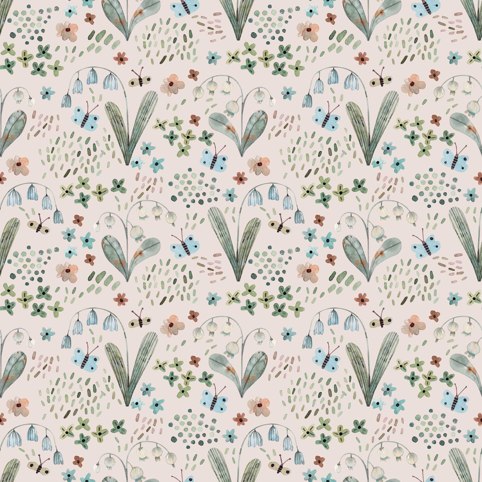 Nursery Wallpaper adorned with Tiny Butterflies Snowdrops, Bluebells with pale pink background 