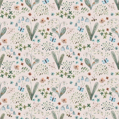 Nursery Wallpaper adorned with Tiny Butterflies Snowdrops, Bluebells with pale pink background 