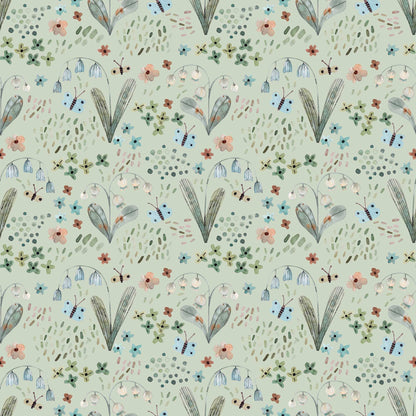 Nursery Wallpaper adorned with Tiny Butterflies Snowdrops, Bluebells with green  background 