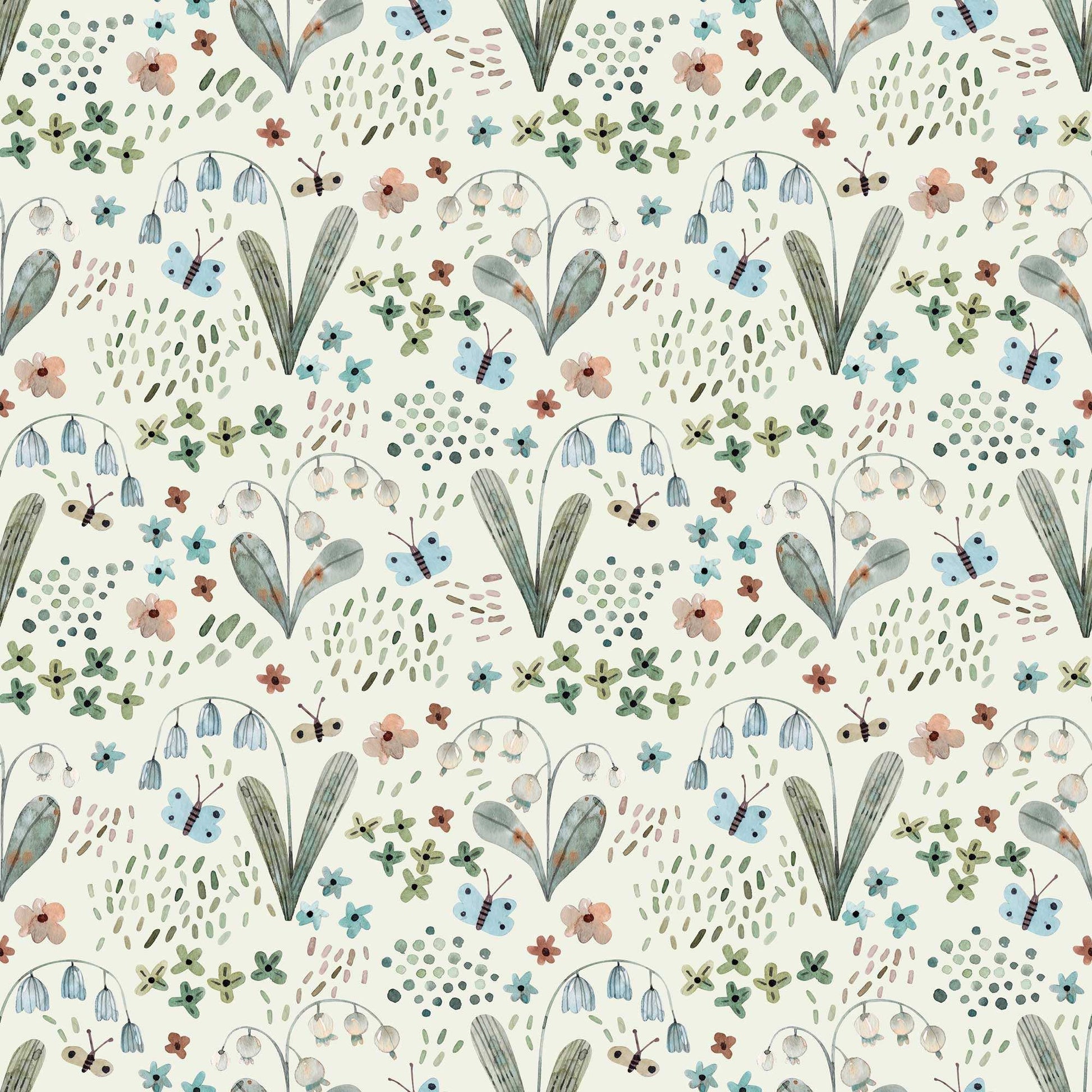 Nursery Wallpaper adorned with Tiny Butterflies Snowdrops, Bluebells with pale cream background 