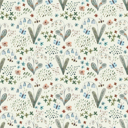 Nursery Wallpaper adorned with Tiny Butterflies Snowdrops, Bluebells with pale cream background 