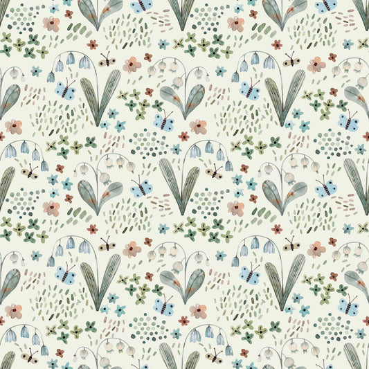 Nursery Wallpaper adorned with Tiny Butterflies Snowdrops, Bluebells with pale cream background 