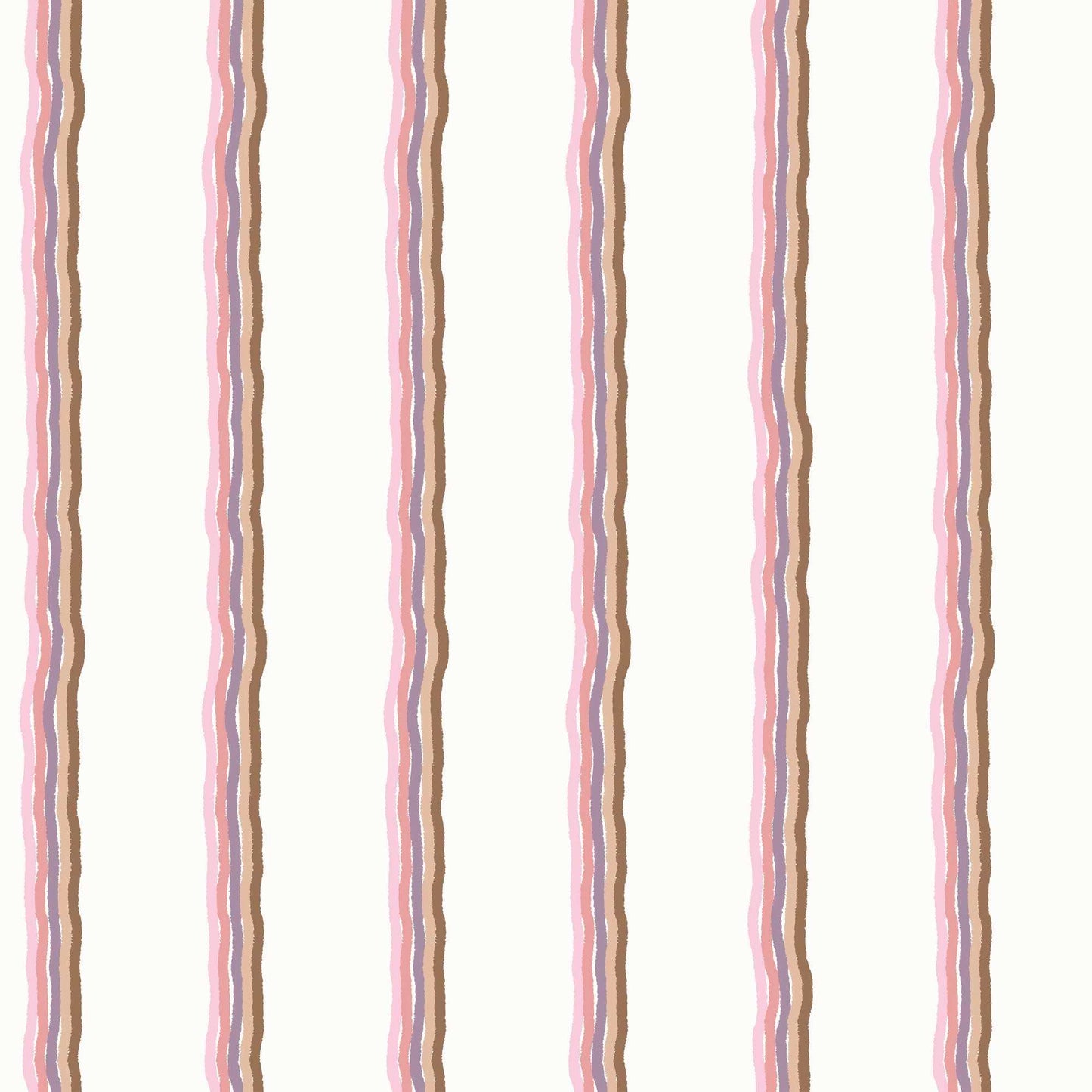 Childrens Pinstriped Wallpaper in Five Colourful Wavy Lines in Pale Pink, Pink,Purple, Beige and Light Brown 