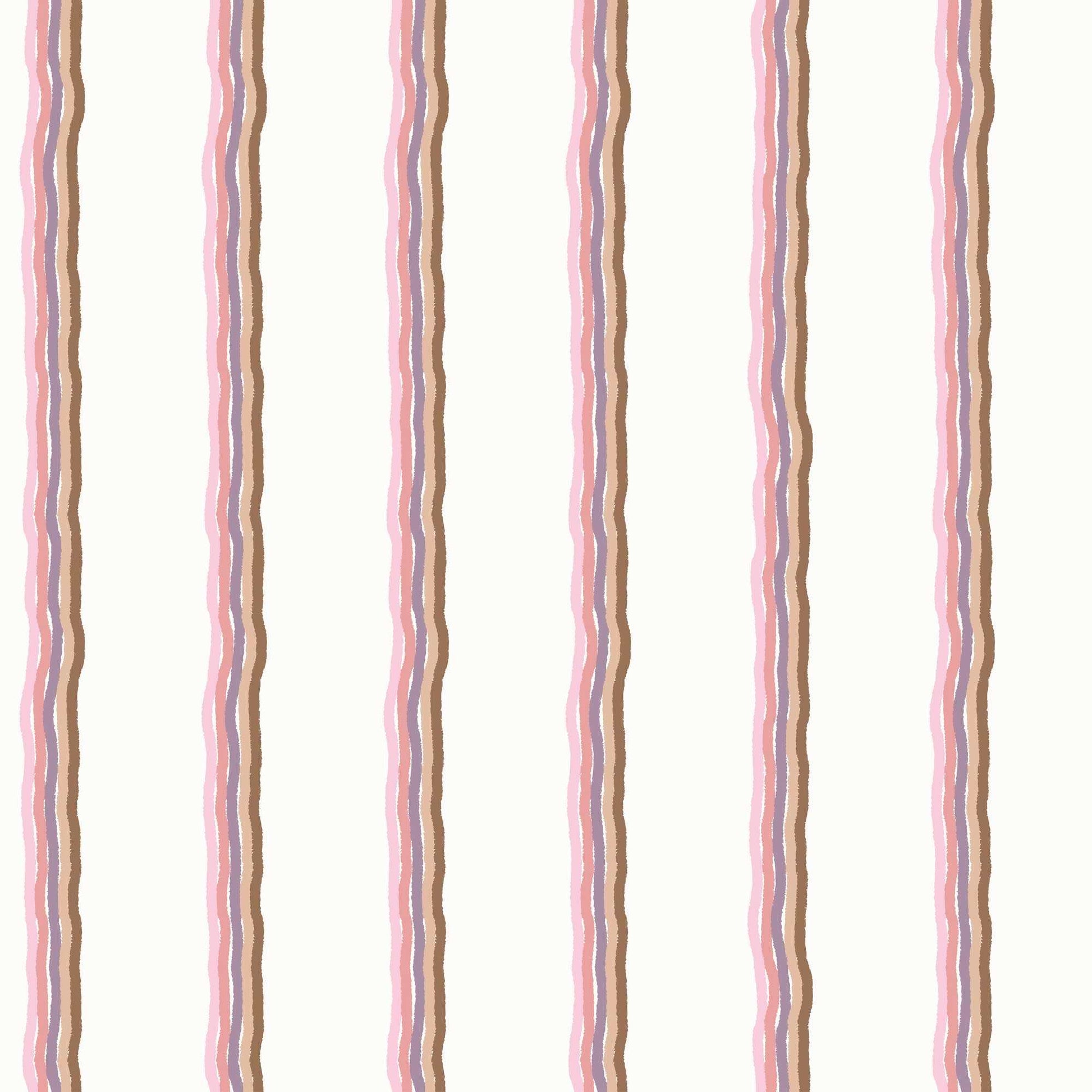 Childrens Pinstriped Wallpaper in Five Colourful Wavy Lines in Pale Pink, Pink,Purple, Beige and Light Brown 