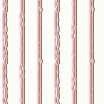 Childrens Pinstriped Wallpaper in Five Colourful Wavy Lines in Pale Pink, Pink,Purple, Beige and Light Brown 
