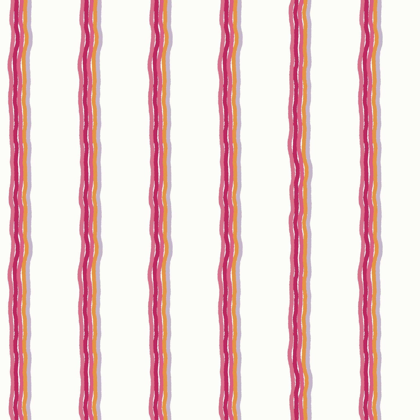 Childrens Pinstriped Wallpaper in Five Colourful Wavy Lines in Raspberry, Deep Pink, Orange, Lilac