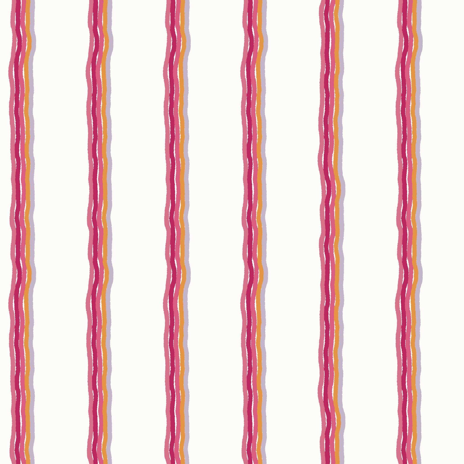 Childrens Pinstriped Wallpaper in Five Colourful Wavy Lines in Raspberry, Deep Pink, Orange, Lilac