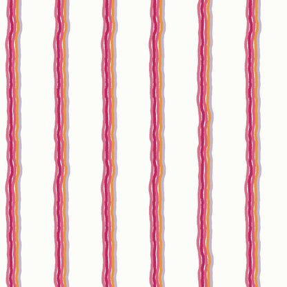 Childrens Pinstriped Wallpaper in Five Colourful Wavy Lines in Raspberry, Deep Pink, Orange, Lilac