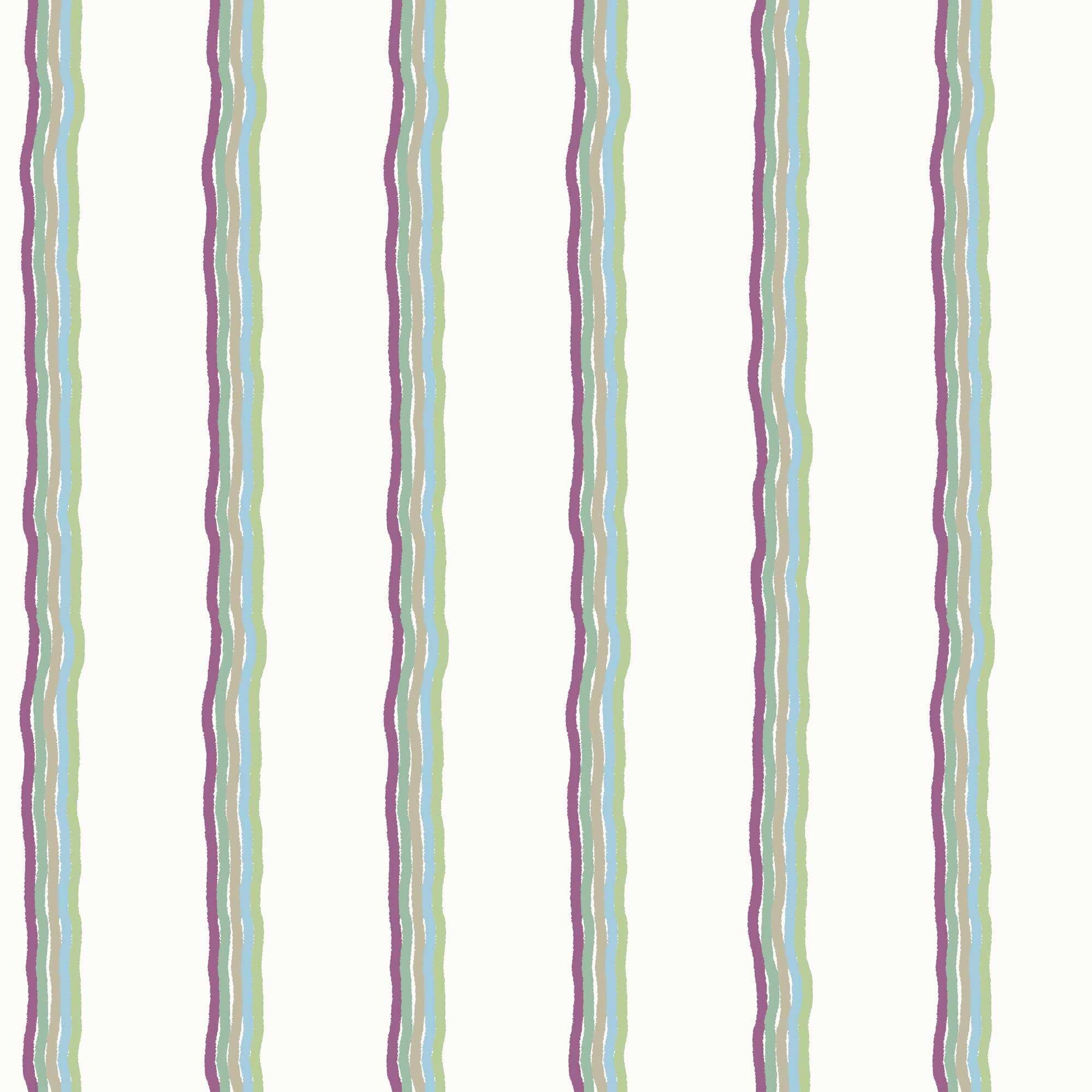 Childrens Pinstriped Wallpaper in Five Colourful Wavy Lines in Purple, Sage Green, Blue, Apple Green 
