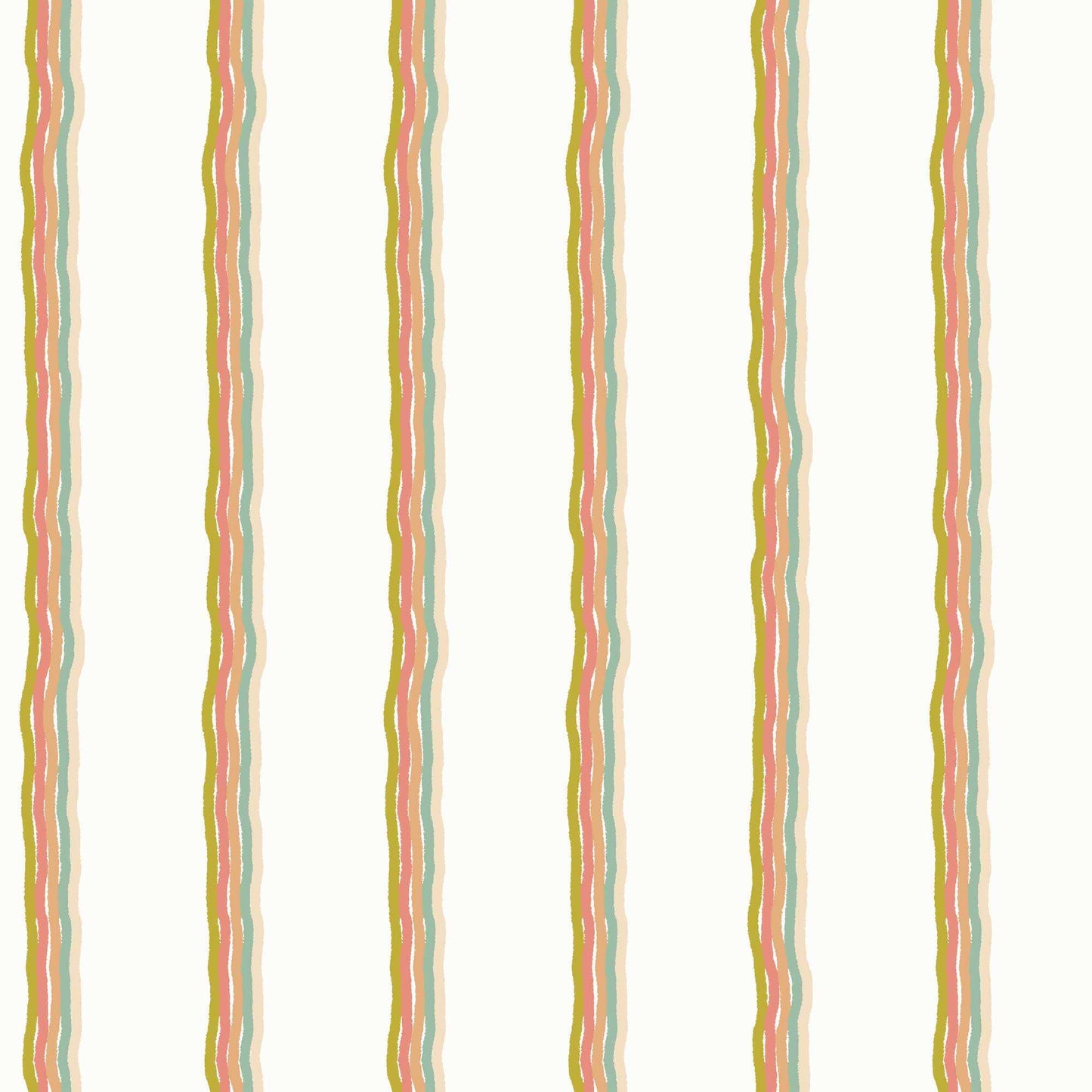 Childrens Pinstriped Wallpaper in Five Colourful Wavy Lines in Apple Green, Orange, Biscuit, and Light Beige