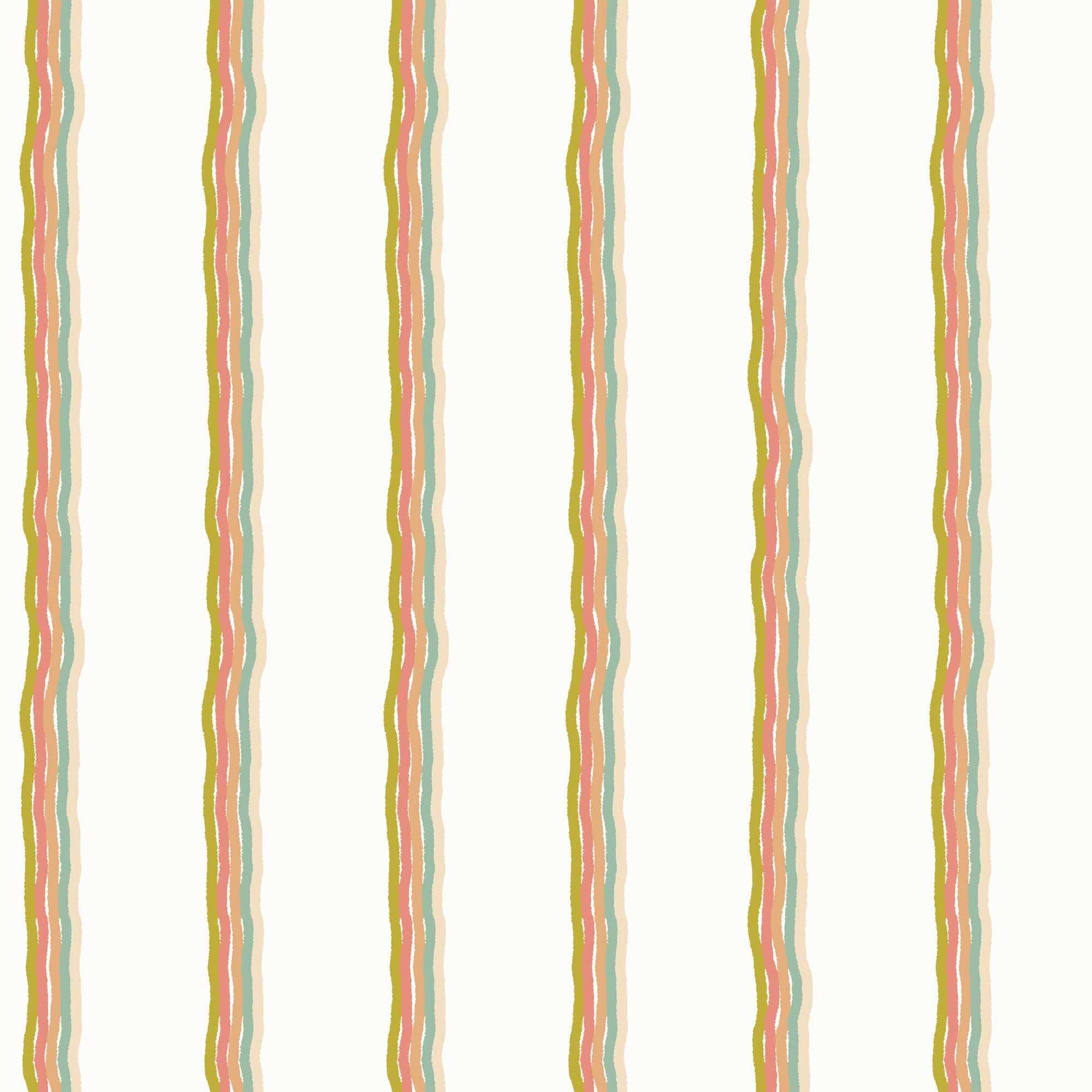 Childrens Pinstriped Wallpaper in Five Colourful Wavy Lines in Apple Green, Orange, Biscuit, and Light Beige