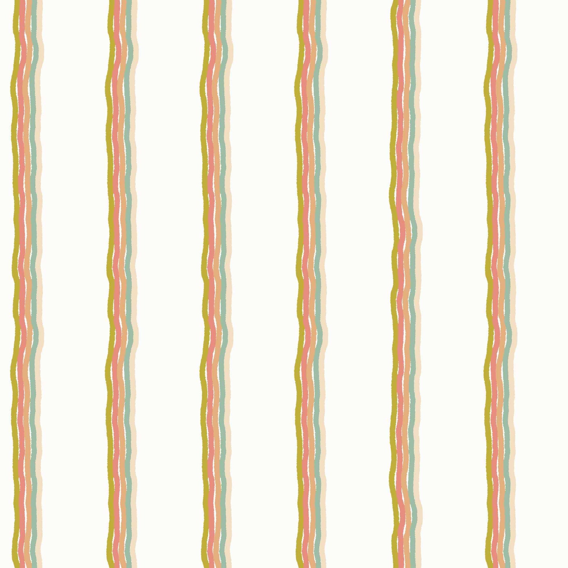 Childrens Pinstriped Wallpaper in Five Colourful Wavy Lines in Apple Green, Orange, Biscuit, and Light Beige