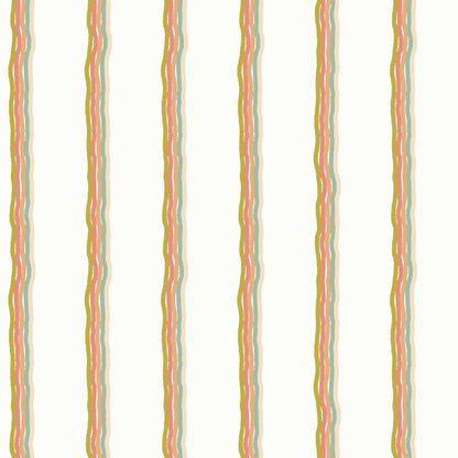 Childrens Pinstriped Wallpaper in Five Colourful Wavy Lines in Apple Green, Orange, Biscuit, and Light Beige