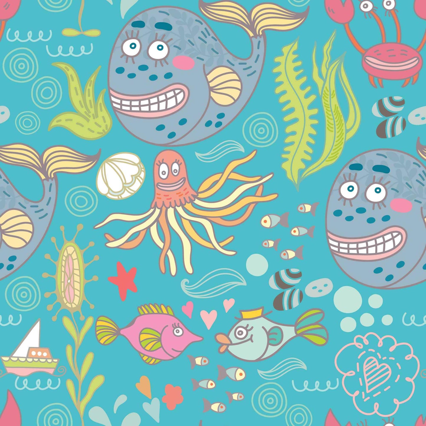 Kids Wallpaper Sea Creatures Cool Fish, Crabs, Jellyfish and Starfish aqua blue background.