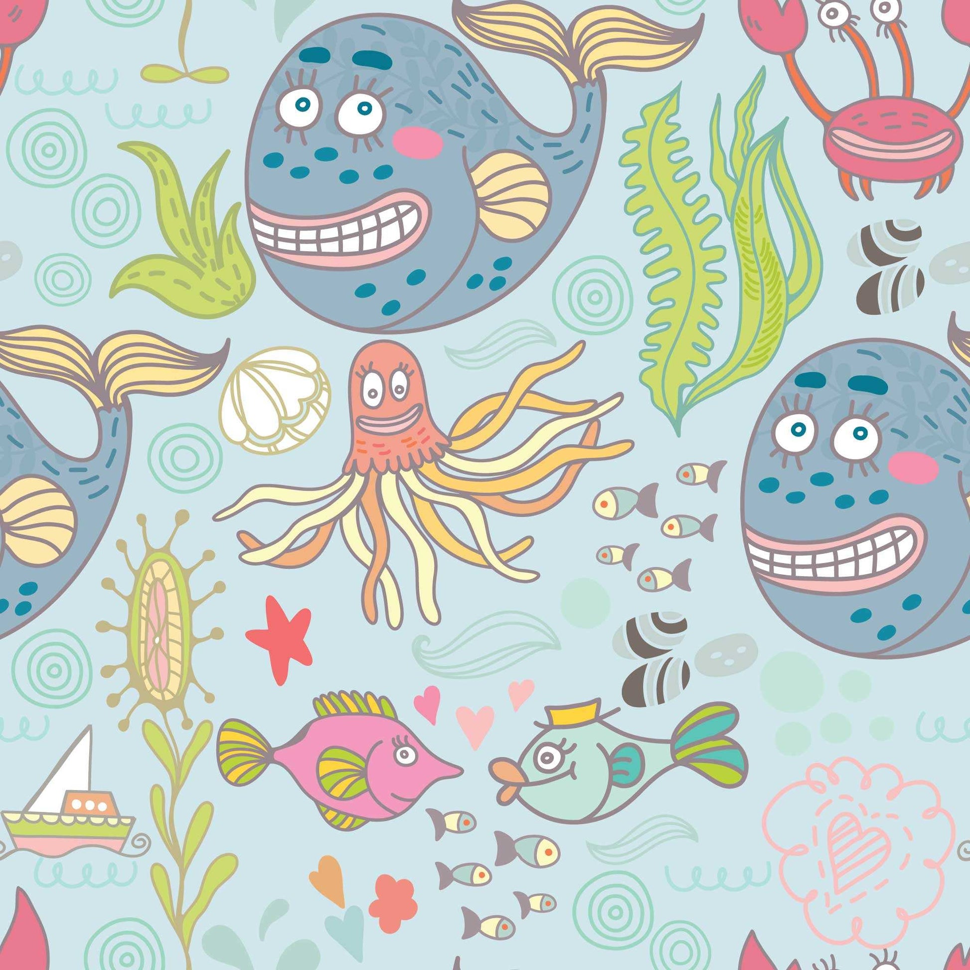 Kids Wallpaper Sea Creatures Cool Fish, Crabs, Jellyfish and Starfish pale blue background.