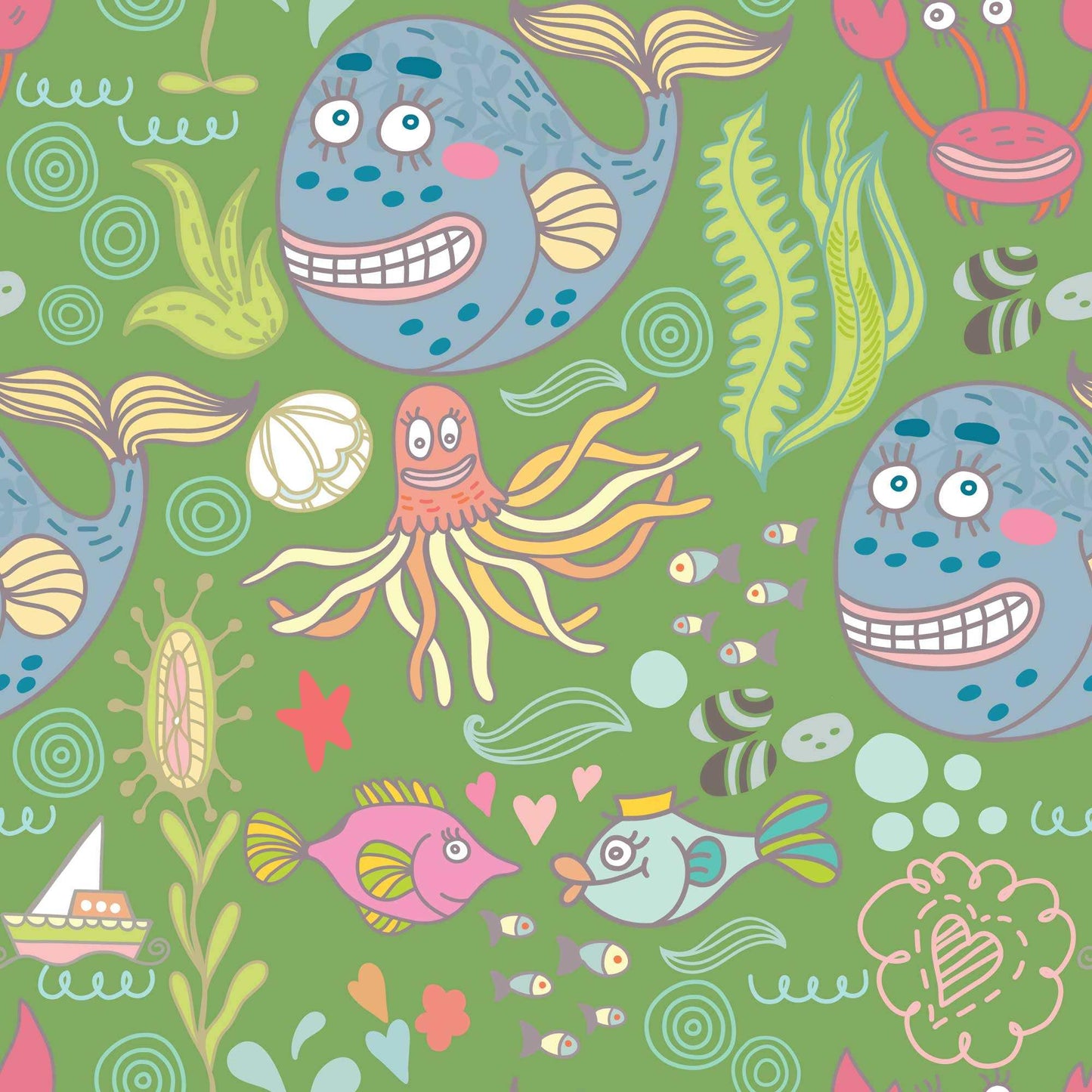 Kids Wallpaper Sea Creatures Cool Fish, Crabs, Jellyfish and Starfish with green background.