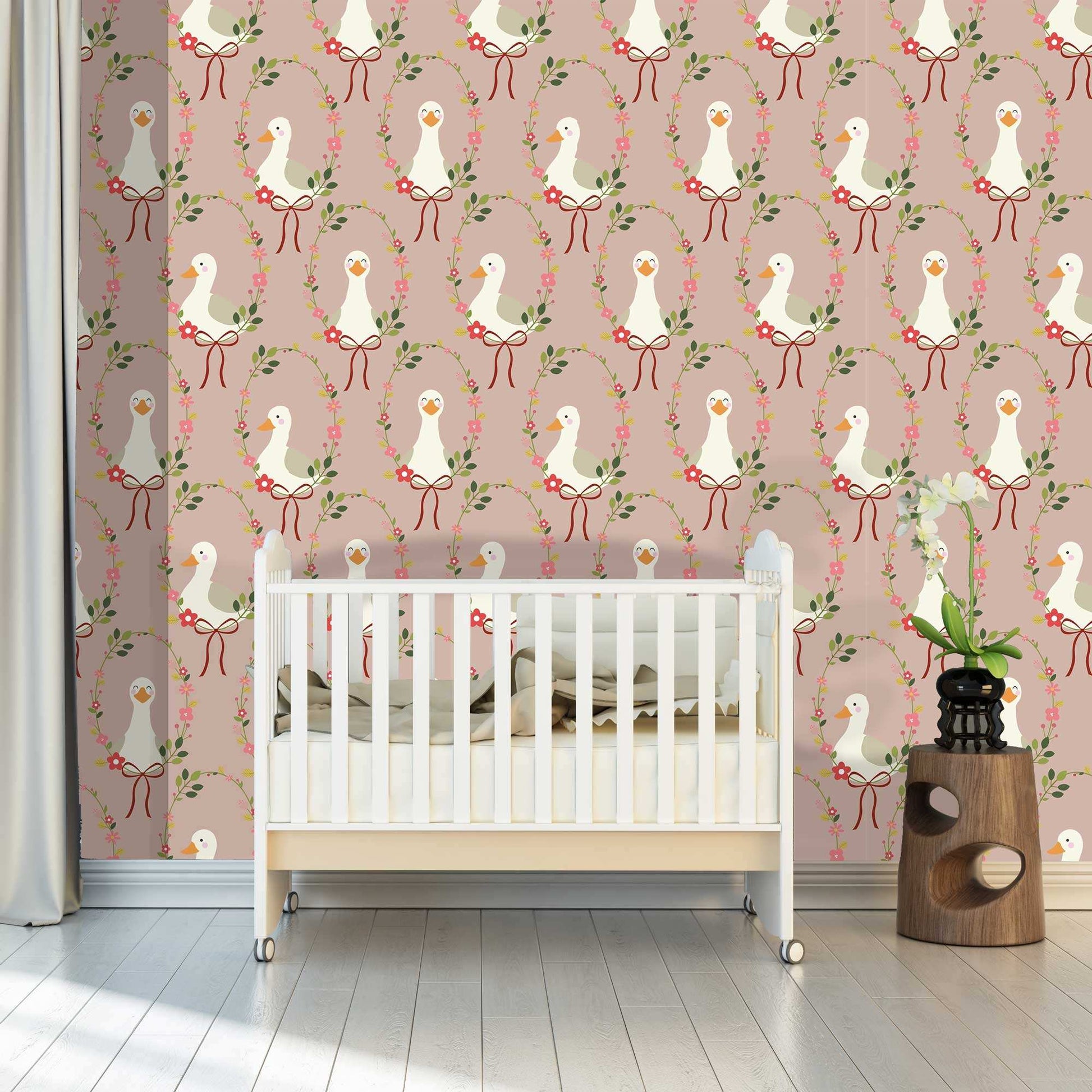 Babies Nursery Wallpaper in decorated bedroom featuring cute, happy ducks adorned with a halo of colorful flowers and a charming ribbon bow. 