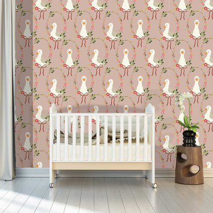 Babies Nursery Wallpaper in decorated bedroom featuring cute, happy ducks adorned with a halo of colorful flowers and a charming ribbon bow. 