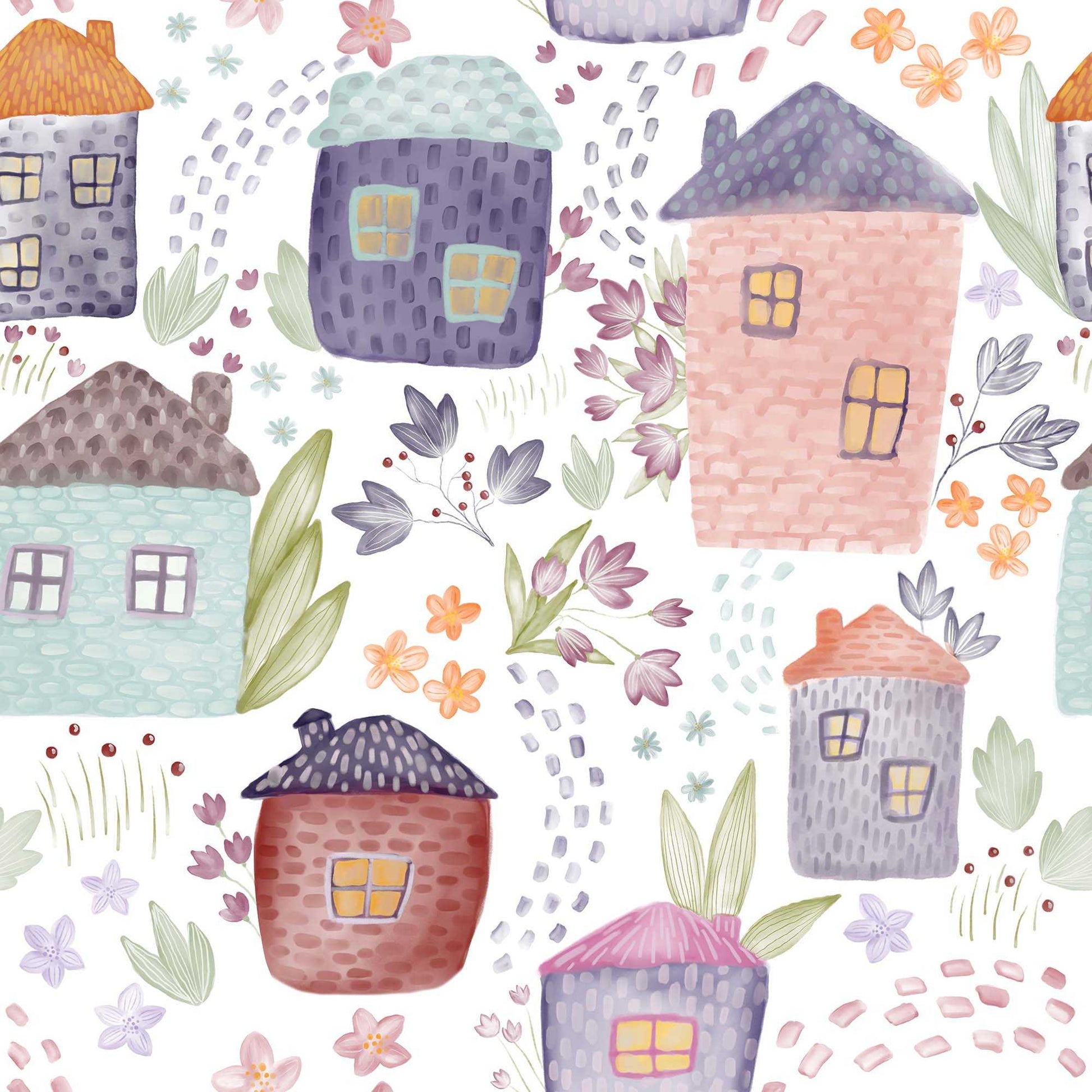 Childrens Wallpaper Cute Houses Colourful Little Houses Flowers Leaves