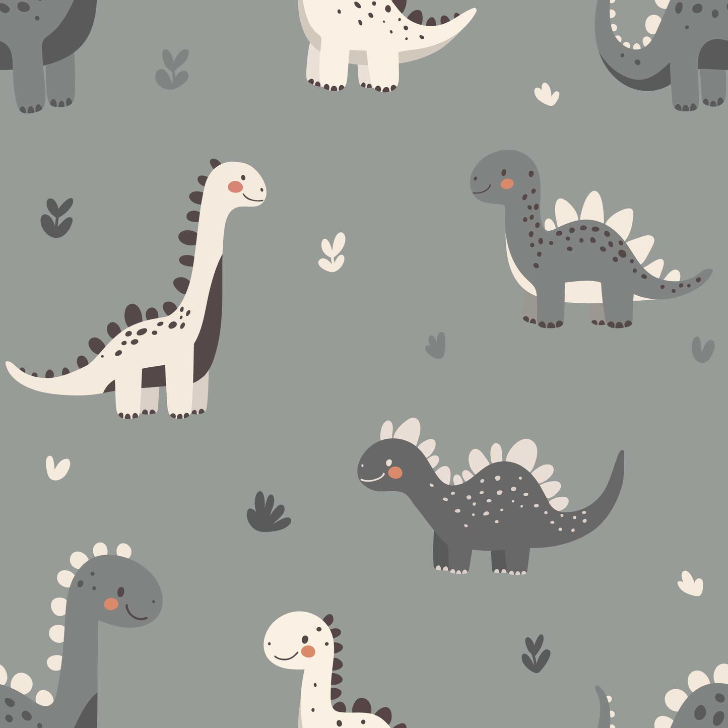 Kids Bedroom Wallpaper Adorable Cute Baby Dinosaurs with Love Hearts. Finished in grey 