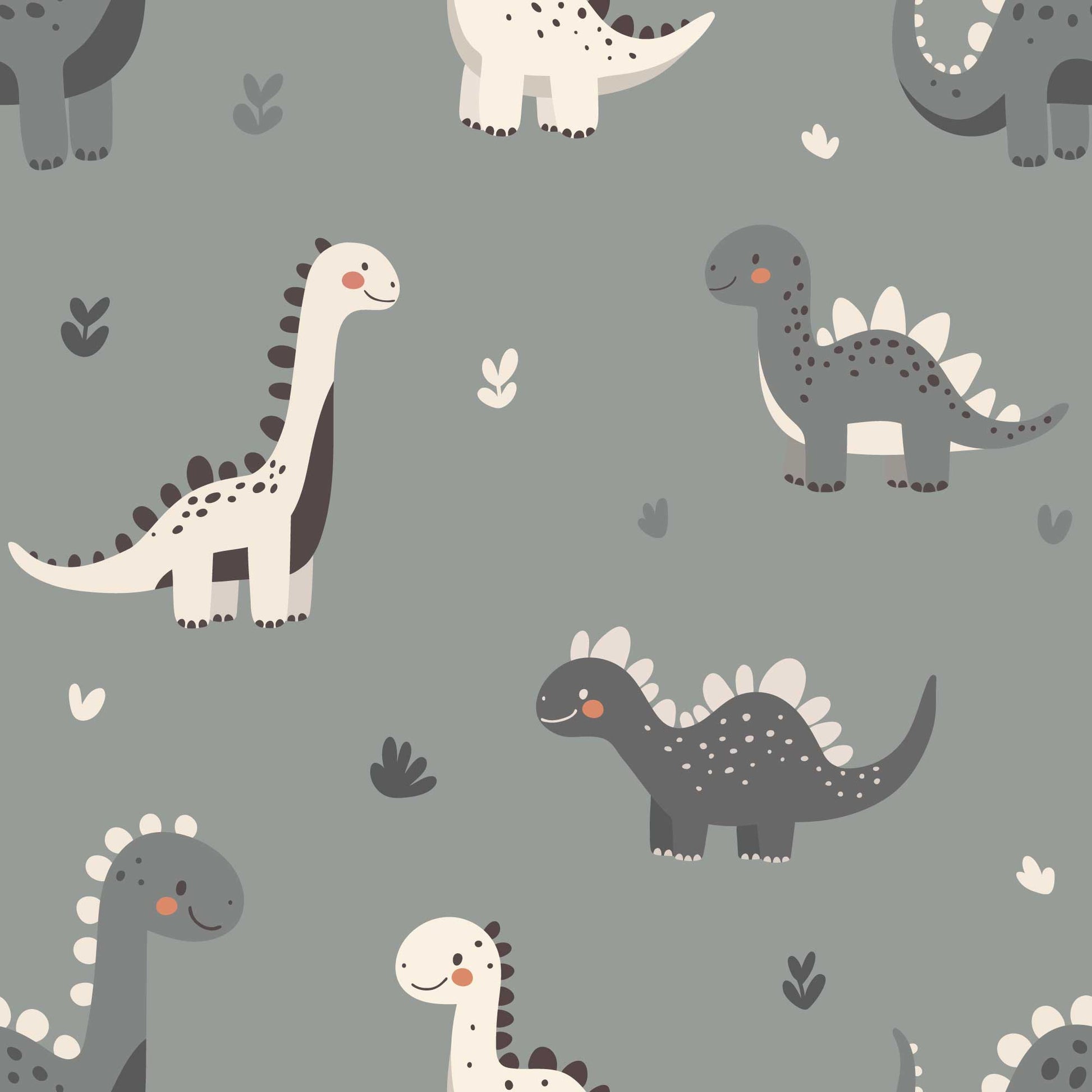 Kids Bedroom Wallpaper Adorable Cute Baby Dinosaurs with Love Hearts. Finished in grey 