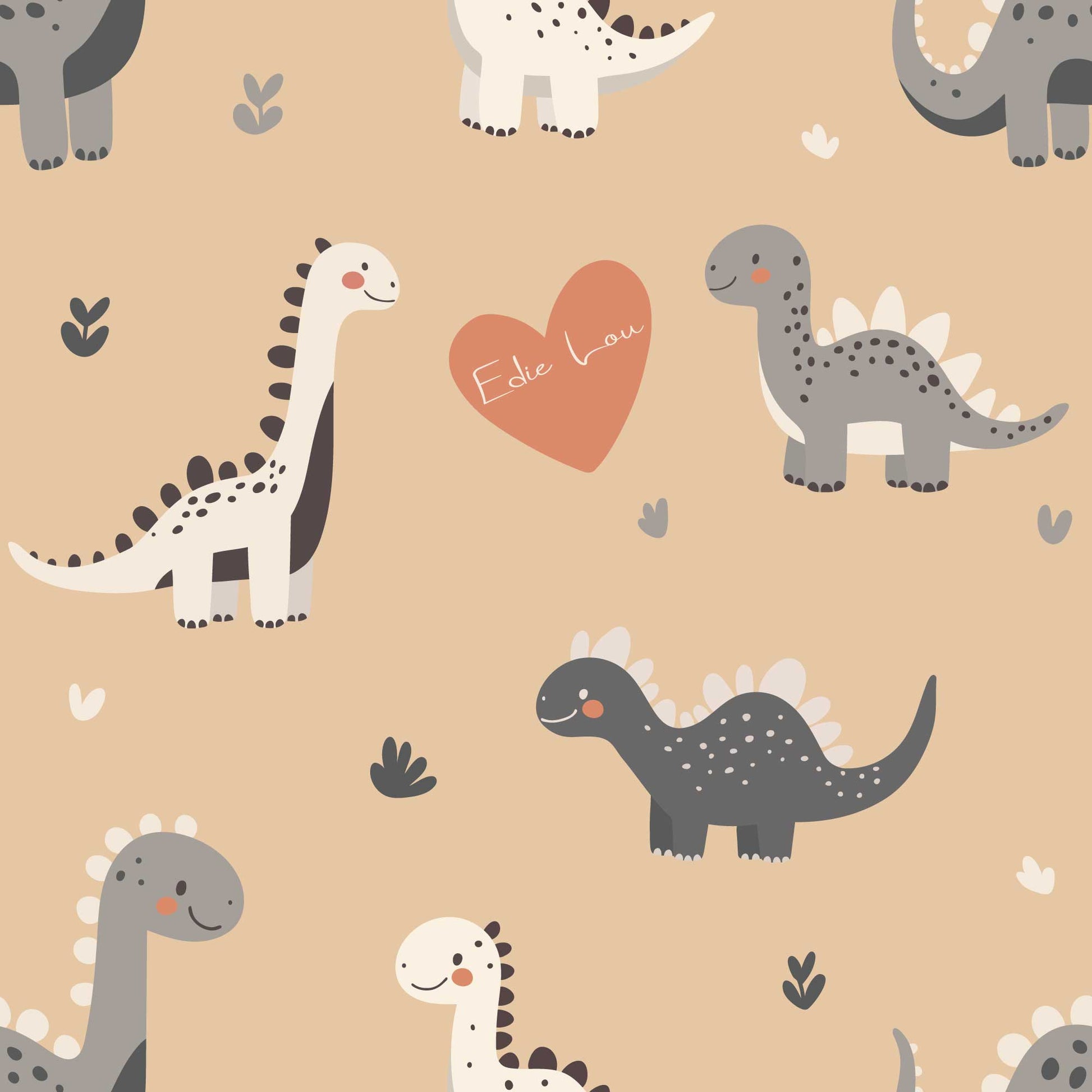 Kids Bedroom Wallpaper Adorable Cute Baby Dinosaurs with Love Hearts. Pale Apricot
