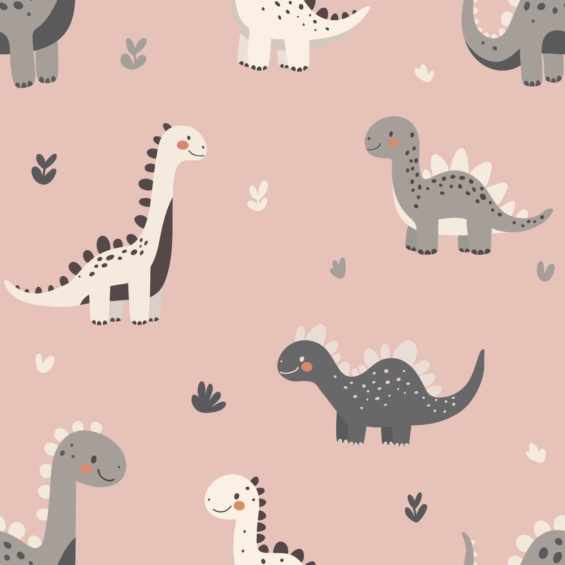 Kids Bedroom Wallpaper Adorable Cute Baby Dinosaurs with Love Hearts. In baby pink