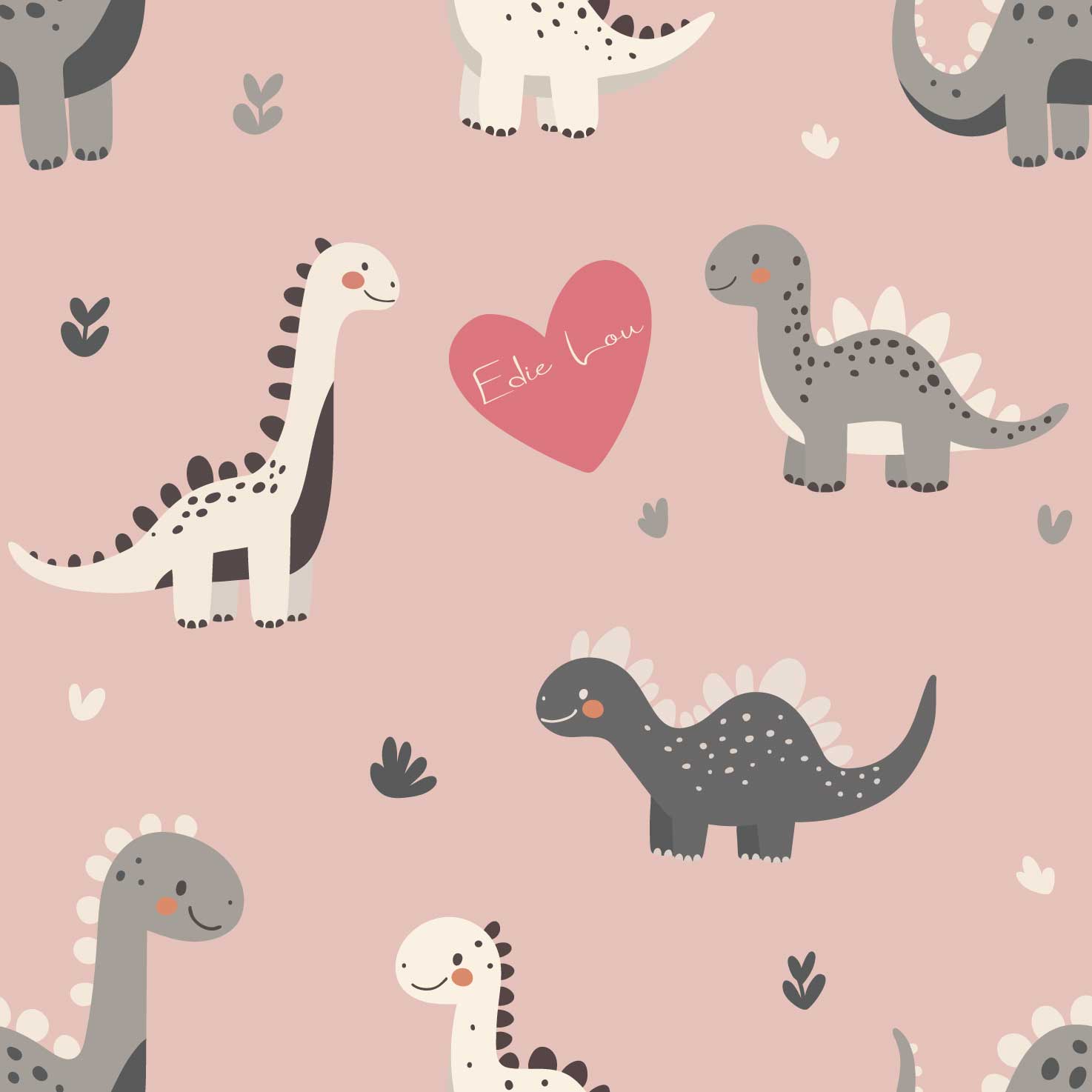 Kids Bedroom Wallpaper Adorable Cute Baby Dinosaurs with Love Hearts. In baby pink 