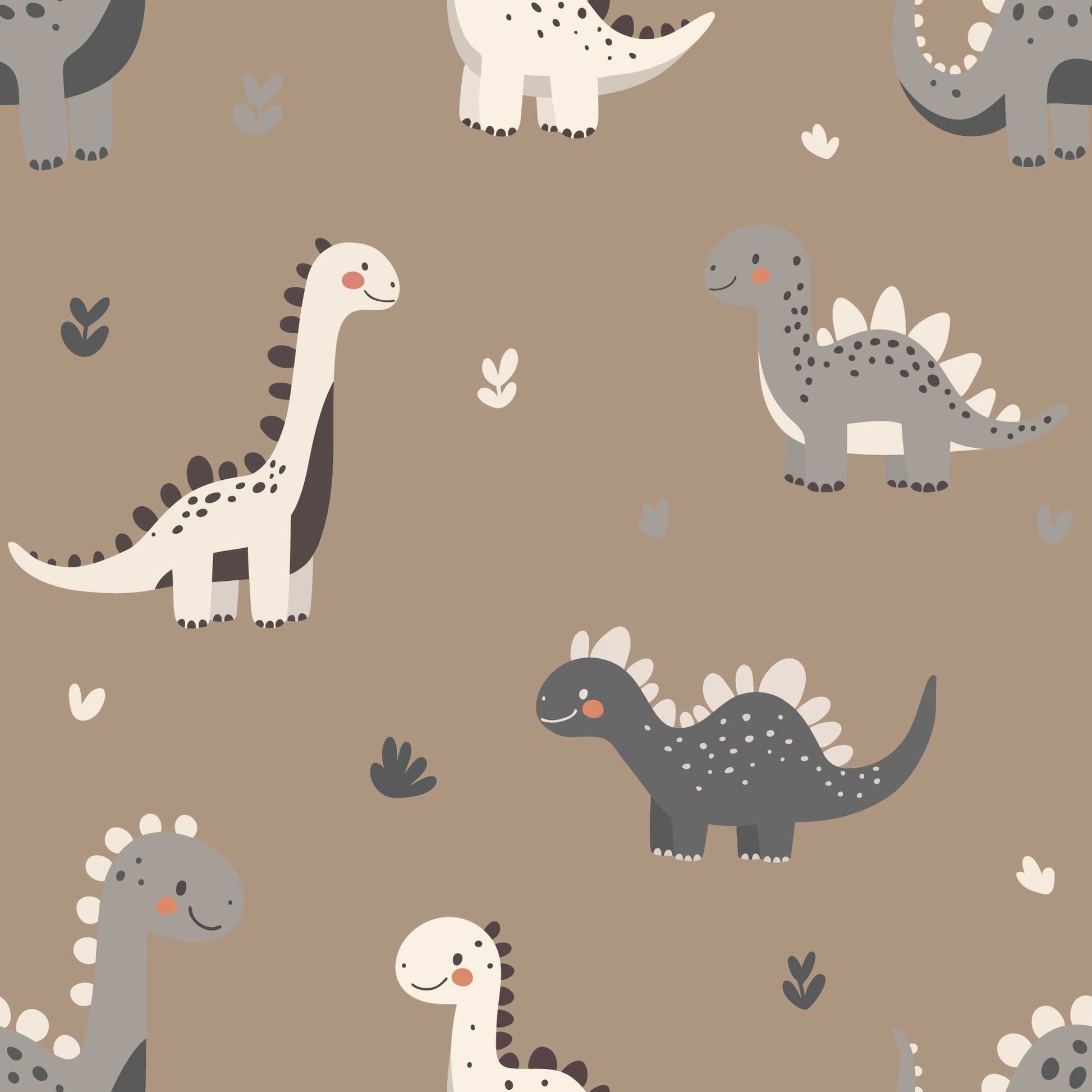 Kids Bedroom Wallpaper Adorable Cute Baby Dinosaurs with Love Hearts. In warm brown 