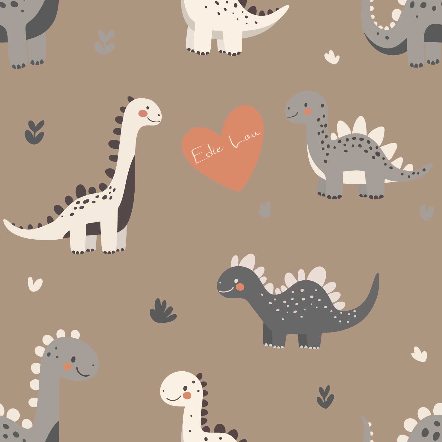 Kids Bedroom Wallpaper Adorable Cute Baby Dinosaurs with Love Hearts. In warm brown 
