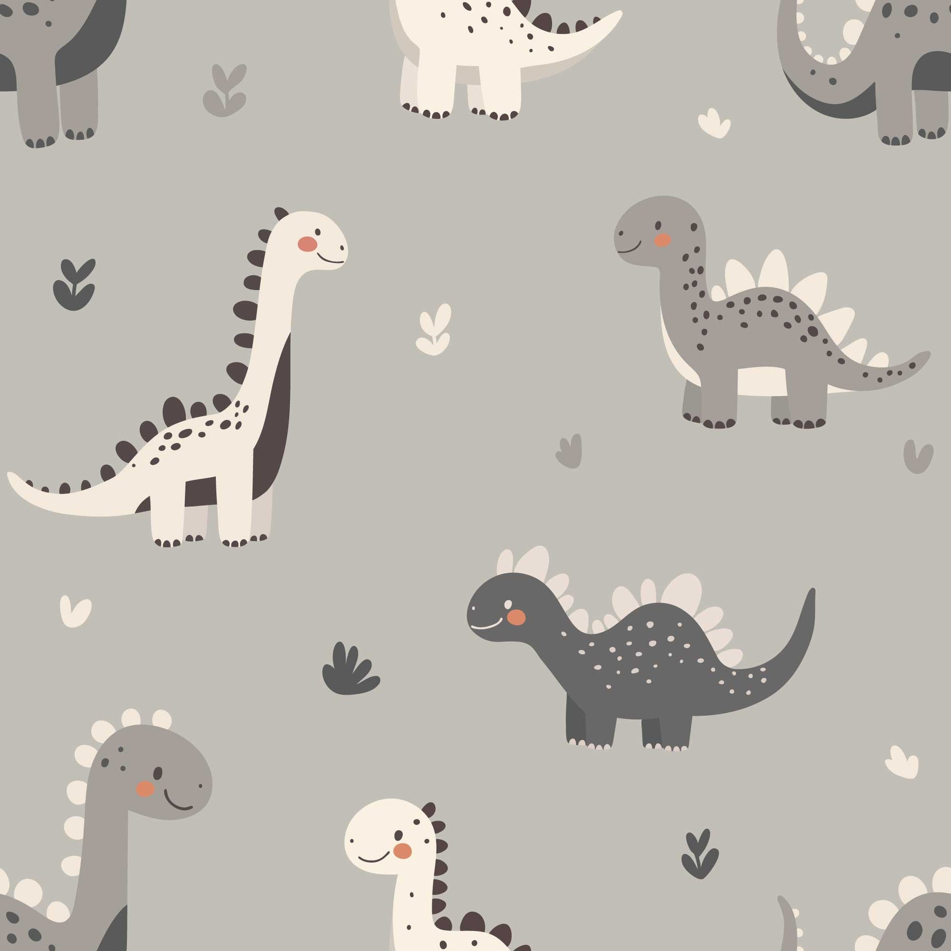 Kids Bedroom Wallpaper Adorable Cute Baby Dinosaurs with Love Hearts. In cool grey 